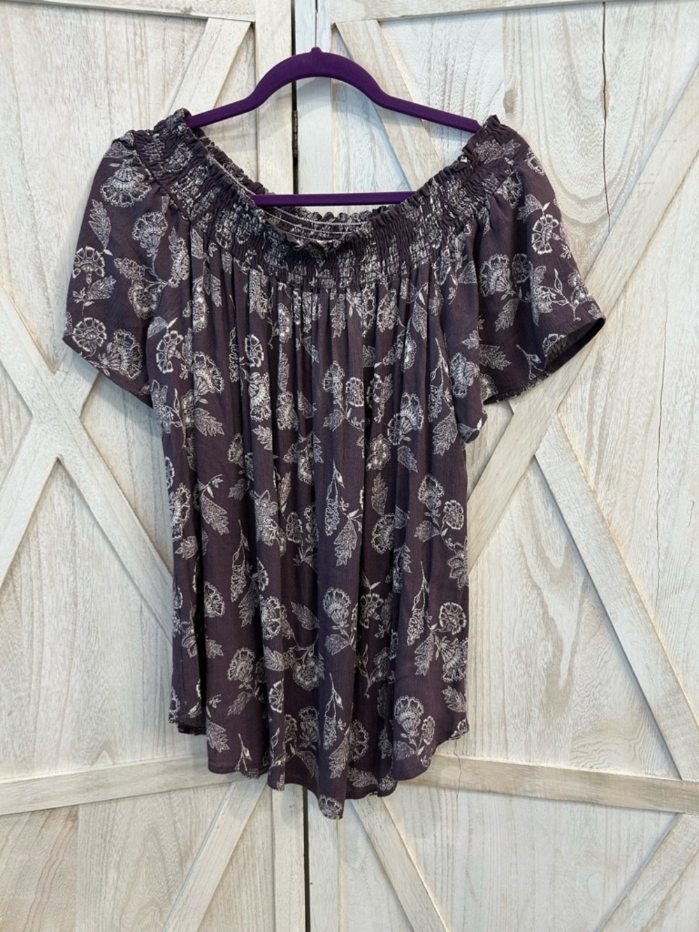 Liliana Purple Off-Shoulder Smocked Floral Blouse